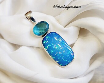 Handmade Australian Opal & Blue Topaz Pendant: 925 Sterling Silver