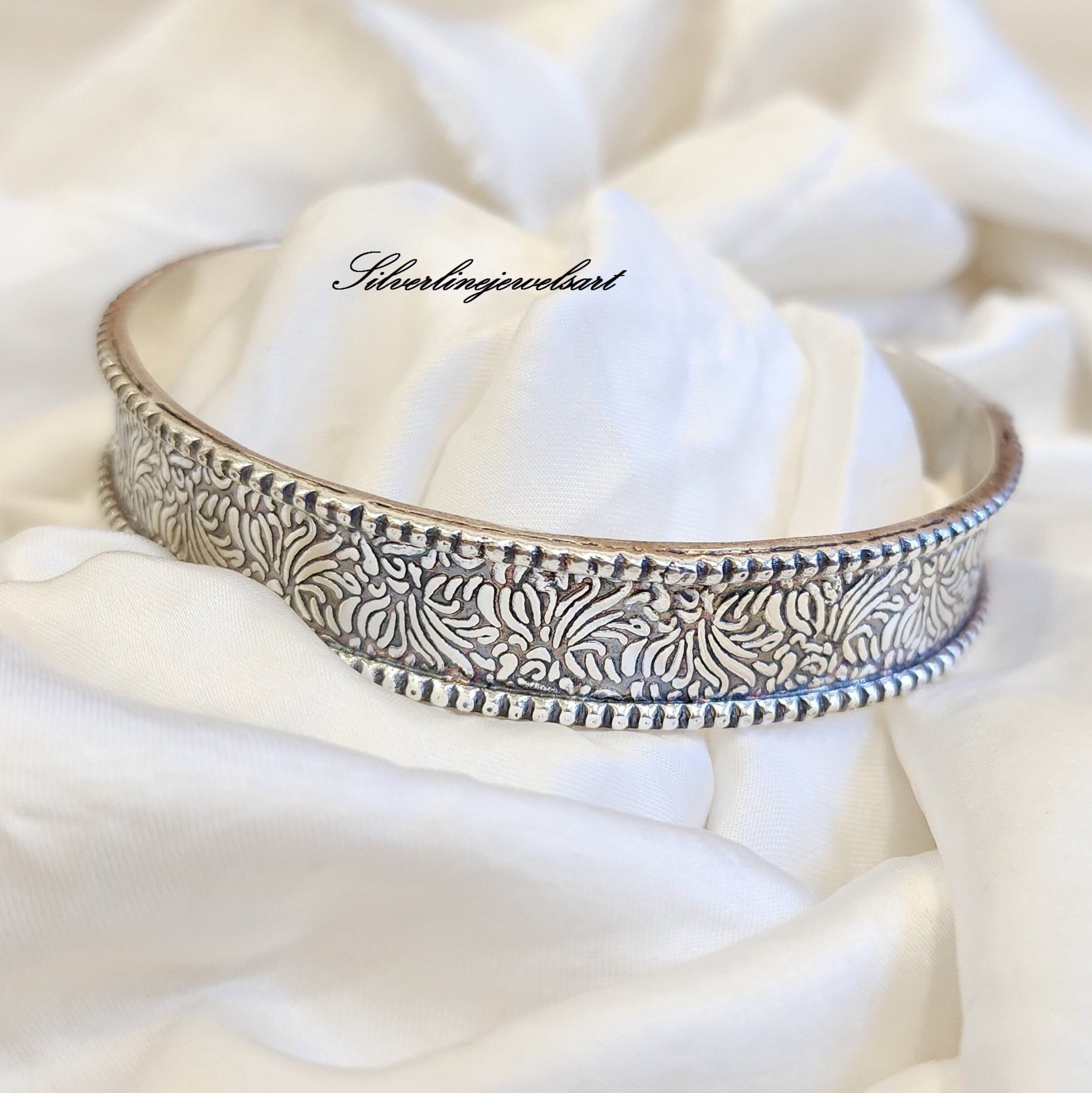 Handmade 925 Sterling Silver Adjustable Cuff Bangle: Floral Design