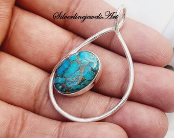 Blue Copper Turquoise Pendant, 925 Sterling Silver, Natural Turquoise, Handmade Pendant, Silver Jewelry, Wedding Pendant.Dainty Pendant.Gift