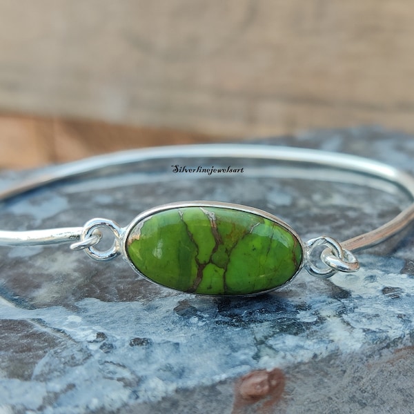 Green Turquoise Bangle , 925 Sterling Silver Bangle , Oval shape bangle,Handmade Bangle , Gift for Women, Natural Gemstone Bangle, Gift her.