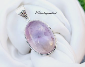 Pendentif En Argent 925 Serti D'améthyste Cabochon - Ciselé Ethnique - 3,4 Cm