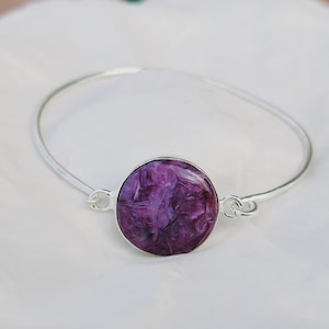 Handmade Charoite Bangle: 925 Sterling Silver Women&#39;s Bracelet