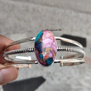Handcrafted Pink Oyster Turquoise Bangle: 925 Sterling Silver Jewelry