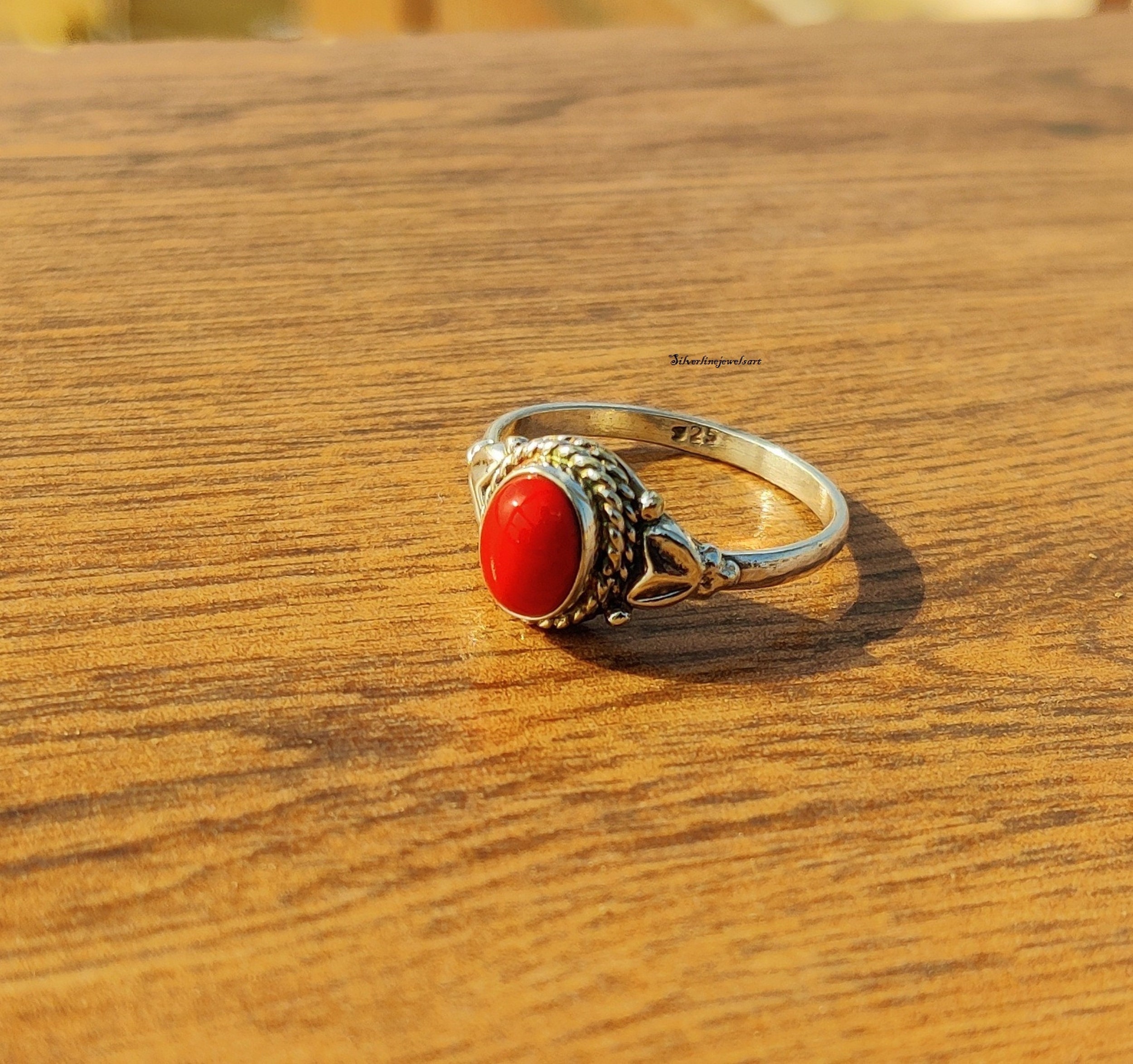 coral ring silver 925 コーラルリング Natural Coral 925 Silver Ring: Bohemian Gemstone Band - Etsy