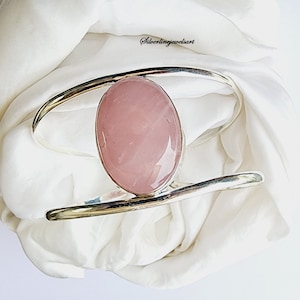 Rose Quartz Bangle, 925 Sterling Silver, Handmade Bracelet, Rose Quartz Silver Bangle, Adjustable Bangle, Anniversary Gift, Gift for her.