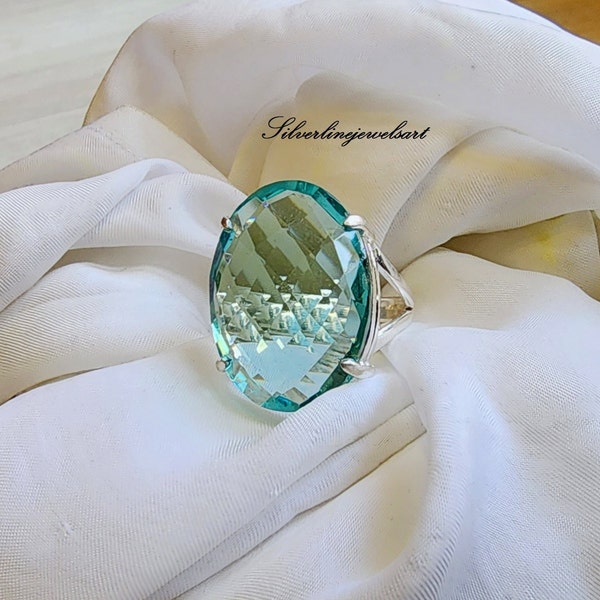 Handmade Aquamarine Quartz Ring: 925 Sterling Silver Band (18*25 MM)