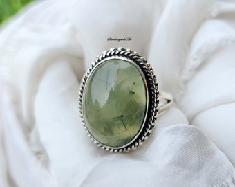 Handmade Sterling Silver Prehnite Ring: Boho Gemstone Jewelry