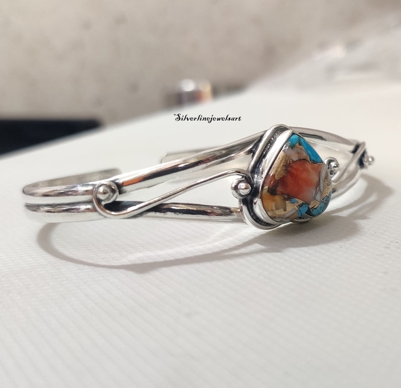 Heart Oyster Copper Turquoise Bangle , 925 Sterling Silver Bangle , Handmade Bangle , Gift for Women , Natural Gemstone Bangle , Gift image 3