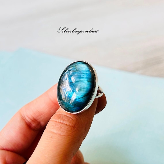 Bague En Argent 925 Avec Labradorite - Taille 60 (US 9.5), Pierre Bleue Irisée, Neuve