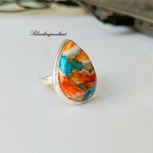 Bague poire, cuivre, turquoise, huître : bague de créateur en argent sterling 925