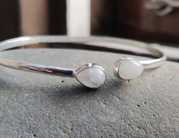 Bracelet Bangle Argent 925 – Pierre De Lune Naturelle – Fleur – Fait Main Inde