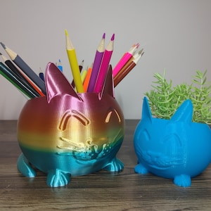 May include: Two 3D printed cat-shaped planters. One is a rainbow gradient colour and holds coloured pencils. The other is blue and holds a small green plant.