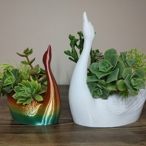 May include: Two swan-shaped planters, one in a gradient of green, gold, and red, and the other in white. Both planters are filled with a variety of green succulents and small plants, creating a decorative display. The planters are on a wooden surface.