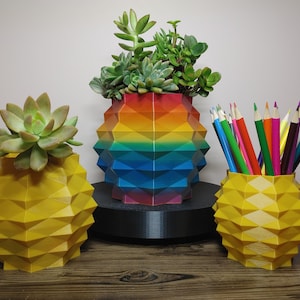 May include: Three geometric planters, one yellow and two with succulents, and a rainbow-coloured planter with succulents. A yellow planter holds coloured pencils. The planters are on a wooden surface.