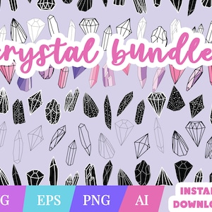 May include: A digital download bundle of 50 crystal SVG, EPS, PNG, and AI files. The crystals are black and white with a speckled pattern. The text "crystal bundle" is in pink.