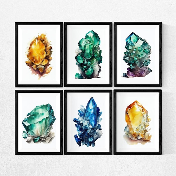 Ensemble de 6 impressions minérales de pierres précieuses, citrine/émeraude/saphir/fluorite, aquarelle, téléchargement numérique