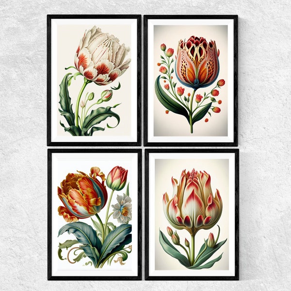 Enchanting Tulip Poster Set - 4 Vibrant Botanical Wall Prints, Colorful Floral Art, Elegant Home Decor, Fine Art, Digital Download