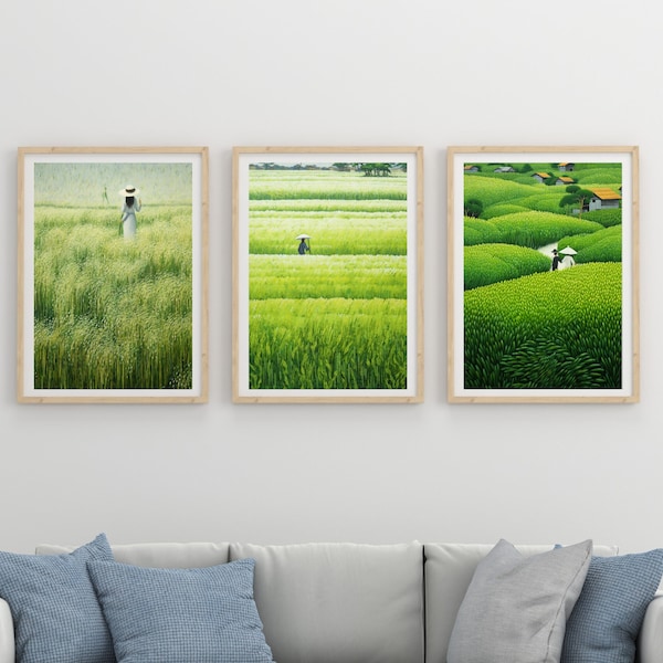 Serene Rice Fields Wall Art - Set of 3 Lush Greenery Posters, Tranquil Farm Landscape Decor, Digital Download