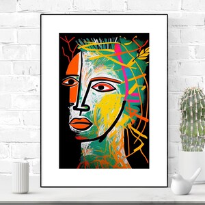 Cartel de pared de rostros humanos vibrantes abstractos, arte geométrico, diseño único, colores vibrantes, descarga digital