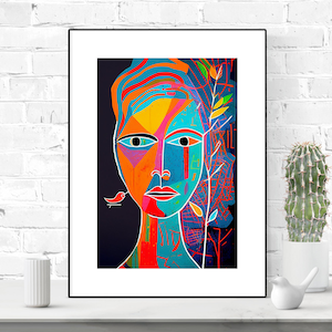 Cartel de pared de rostros humanos vibrantes abstractos, arte geométrico, diseño único, colores vibrantes, descarga digital