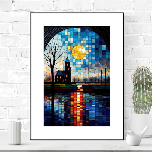 Colourful Sunset Landscape Wall Poster, Geometric Optical Art, Unique Design, Impressionistic Oil Painting, Digital Download