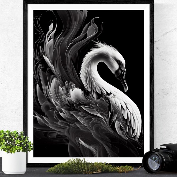 Detailed Swan Print - Graceful Fine Art Wall Decor in Serene White & Black Tones, Digital Download