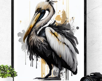 Pelican Fine Print, Black and White, Wall Art, Birds, Abstract,  Digital Download