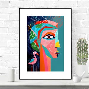 Cartel de pared de rostros humanos vibrantes abstractos, arte geométrico, diseño único, colores vibrantes, descarga digital