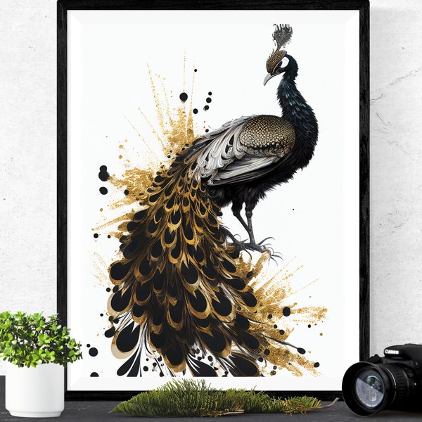 Indian Peafowl Poster, Peacock, Wall Art, Fine Art, Wall Decoration, Gold Tones, Abstract, Digital Download