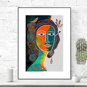 Cartel de pared de rostros humanos vibrantes abstractos, arte geométrico, diseño único, colores vibrantes, descarga digital