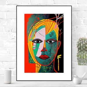 Cartel de pared de rostros humanos vibrantes abstractos, arte geométrico, diseño único, colores vibrantes, descarga digital