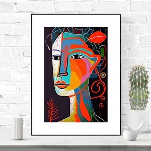 Cartel de pared de rostros humanos vibrantes abstractos, arte geométrico, diseño único, colores vibrantes, descarga digital