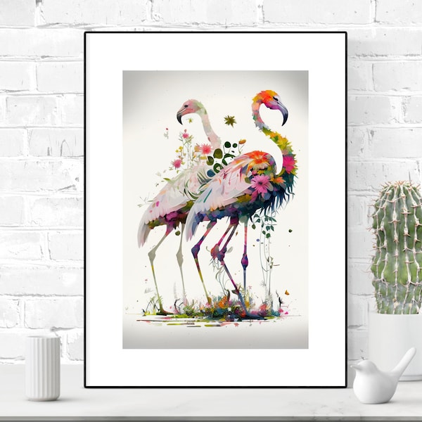 Affiche Flamingo, Fine Art, Oiseau, Nature, Impression murale, Fleurs, Téléchargement numérique