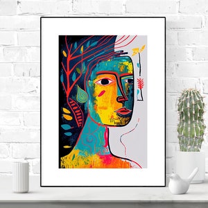 Cartel de pared de rostros humanos vibrantes abstractos, arte geométrico, diseño único, colores vibrantes, descarga digital