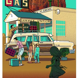 May include: A vintage illustration of a gas station with a sign that reads "GAS" and "OIL AND GREASE". A white station wagon with luggage on the roof is parked in front of the station. There are people standing around the car, including a girl in a green dress.