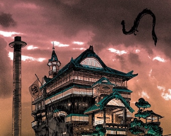 Miyazaki Studio Ghibli "Bath House" Spirited Away 18x24 Indigo Print