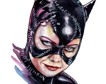 Catwoman 1992 Michelle Pfeiffer 8x10 Giclee of Original Watercolor Portrait