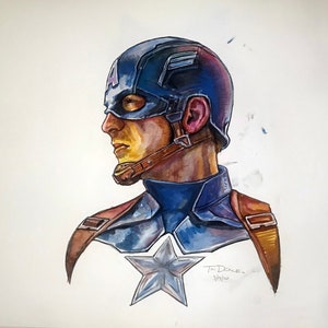 Captain America Avenger MCU Original 16x20 Watercolor Portrait