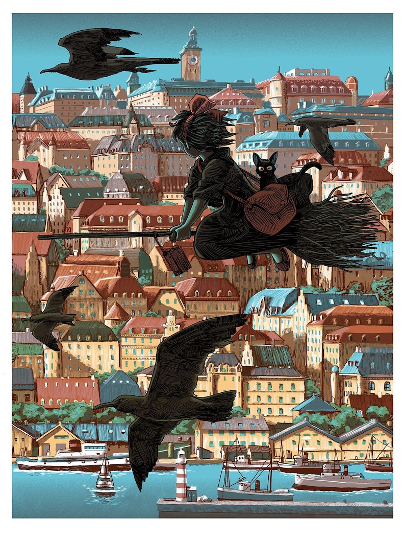 Miyazaki Studio Ghibli "It's a Clock Tower!" Kiki's 18x24 Indigo Print image 1