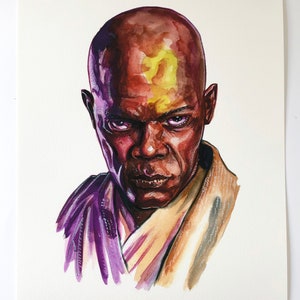 Peut inclure: Une peinture à l'aquarelle d'un homme chauve avec une marque jaune sur le front. Il porte une robe violette et blanche et a une expression sérieuse sur son visage.
