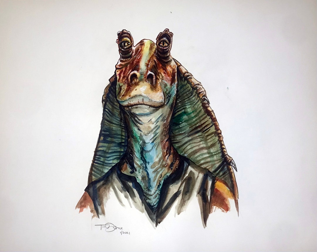 ジャー・ジャー・ビンクス スター・ウォーズ オリジナル 16x20 水彩画