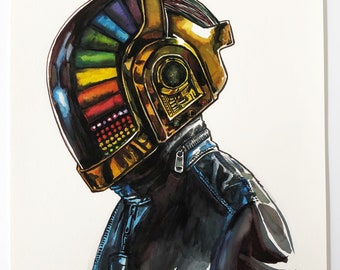 daft punk homework bomber jacket Daft Punk 8x10 Giclee of Original Watercolor Portrait