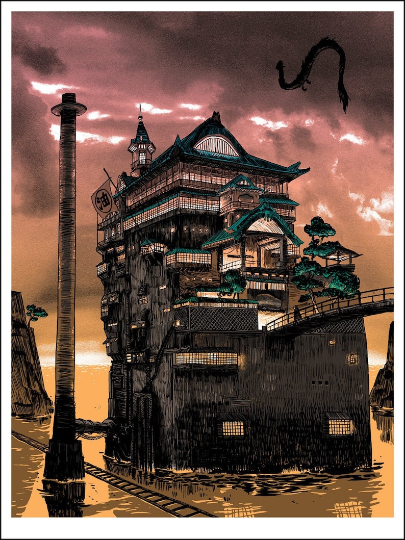 Puede incluir: Una ilustraci&oacute;n en blanco y negro de un edificio de varios pisos con una gran chimenea, un puente y un drag&oacute;n volando en el cielo. El edificio tiene un letrero que dice "油" en japon&eacute;s.