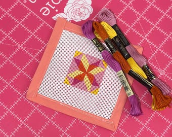 Abstract Quilt Block Needlepoint Canvas 13 Mesh Stitch Painted Zweigart Mono Deluxe bag charm