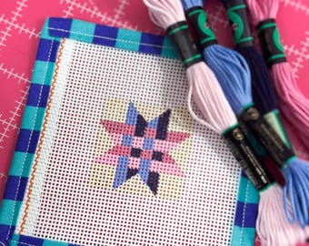 Coastal Plaid Star Quilt Block Needlepoint Canvas 13 Mesh Stitch Painted Zweigart Mono Deluxe bag charm