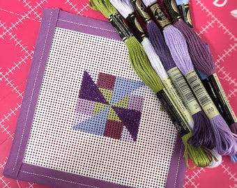 Abstract shape Quilt Block Needlepoint Canvas 13 Mesh Stitch Painted Zweigart Mono Deluxe bag charm hand painted