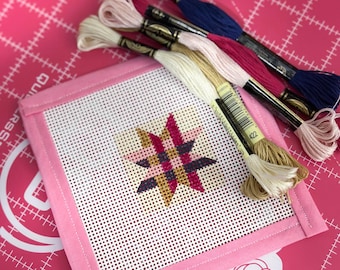 Plaid Star Quilt Block Needlepoint Canvas 13 Mesh Stitch Painted Zweigart Mono Deluxe bag charm