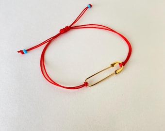 14K Gold Plated Safety Pin Bracelet: Red String Beaded Jewelry