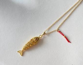 24K Gold Plated Fish Necklace: Red-Eyed Moving Pendant