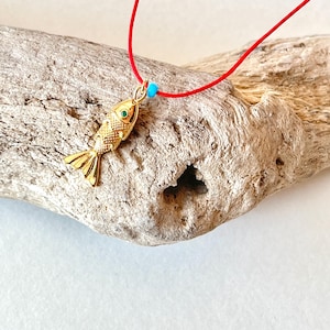 24K Gold Plated Moving Fish Necklace: Red Rope Detail, Lucky Jewelry